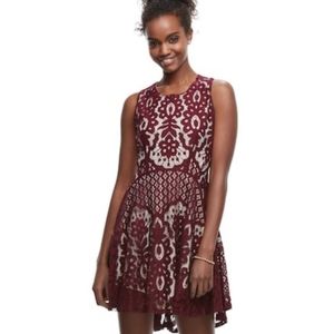 UP wine lace sleeveless skater dress lace-up back